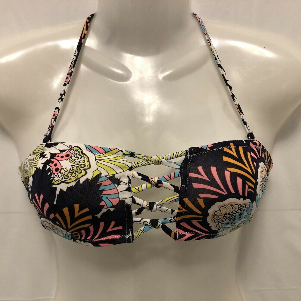 H&M Bikini Top Women Size 4 Blue Floral Design Swim Bandeau  Padded String